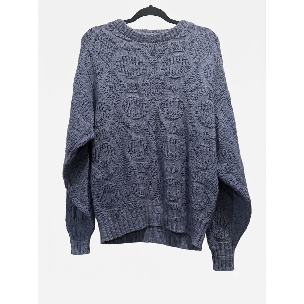 Lake Harmony USA Vintage Mens Large Cotton Knit Sweater Textured Geometric Blue